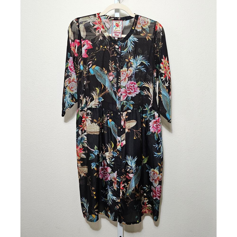 JOHNNY WAS Betty Silk Tropical Print 3/4 Sleeve Semi Sheer Boho Dress Sz XS
